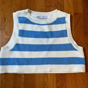 Zara Cream and Blue Striped Knit Crop Top